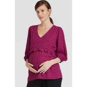 Isabel Maternity 3/4 sleeve Ruffle waist Berry Animal print blouse Purple SizeXL
